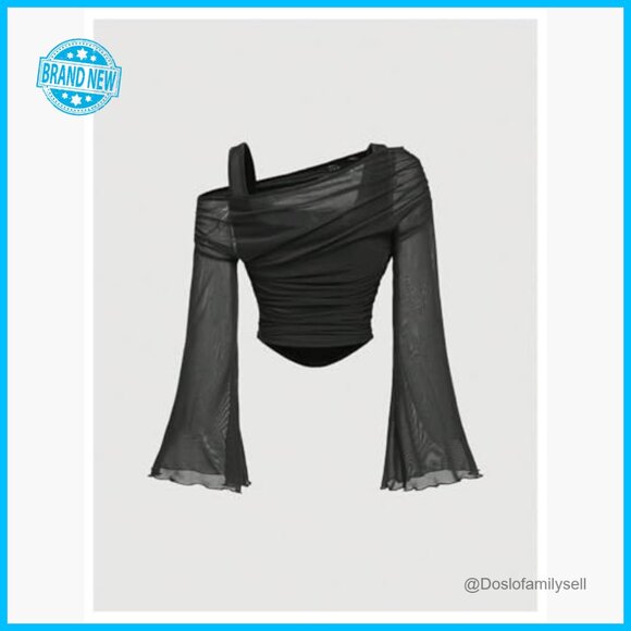 Y2K Off Shoulder Mesh Crop Top Long Bell Sleeve Ruched Rave Clubwear - Picture 3 of 4